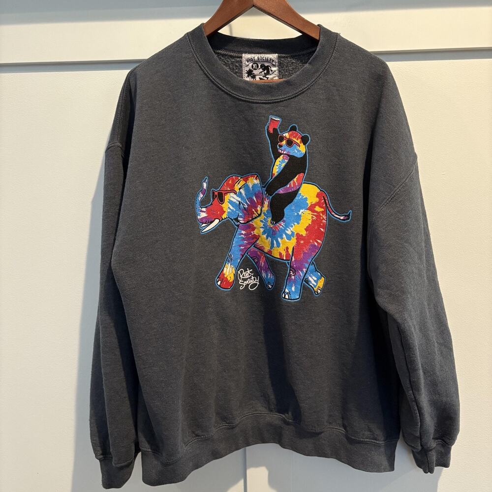 Riot Society Sweatshirt Mens XL Panda Elephant Tie Dye Crewneck Pullover Graphic
